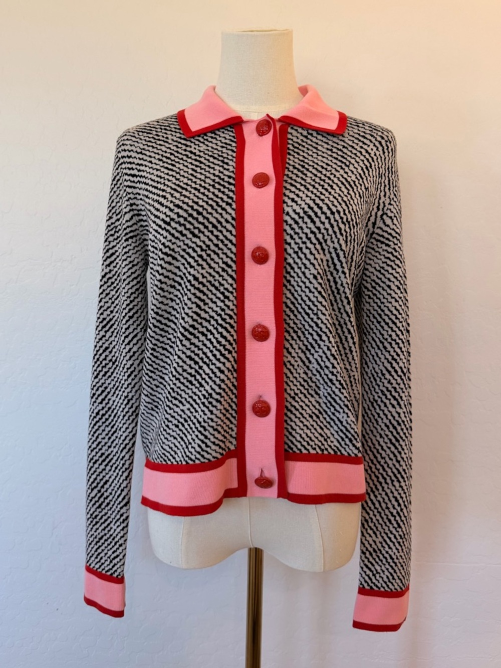 Escada Zig Zag Cardigan with crimson red and pink striped trim size small